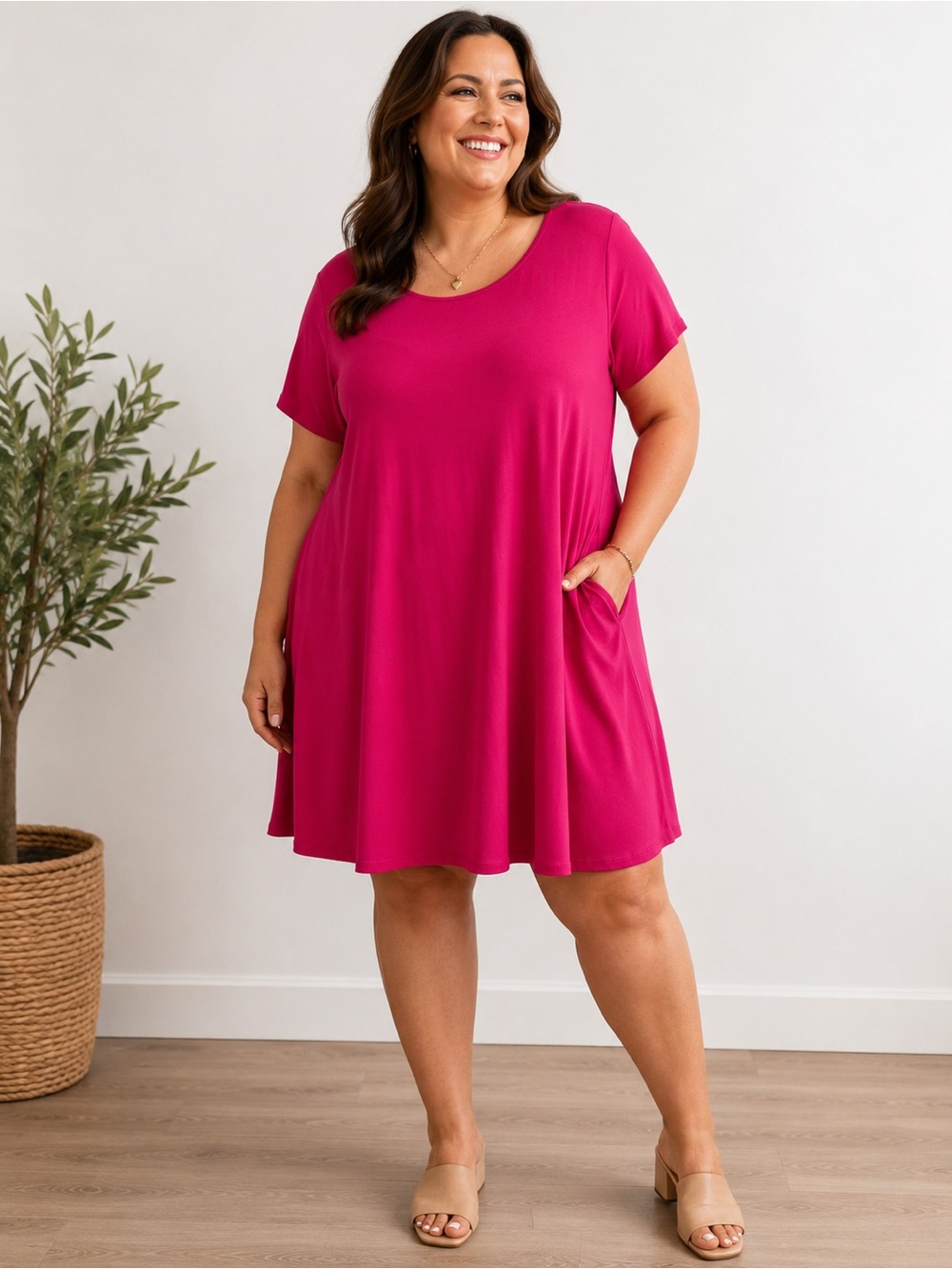 ZENANA PREMIUM WOMENS PINK SHORT SLEEVE DRESS WITH POCKETS SIZE 2X